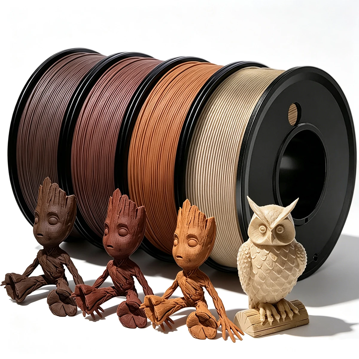 Wood PLA 3D Printer Filament 250gx4 Teak wood, sandal Wood, Walnut wood, Ebony wood, Cherry Wood, light wood Printing Material, 1.75mm +/-0.02mm Wood Grain Texture, For Most FDM 3D Printers Vacuum Packaging