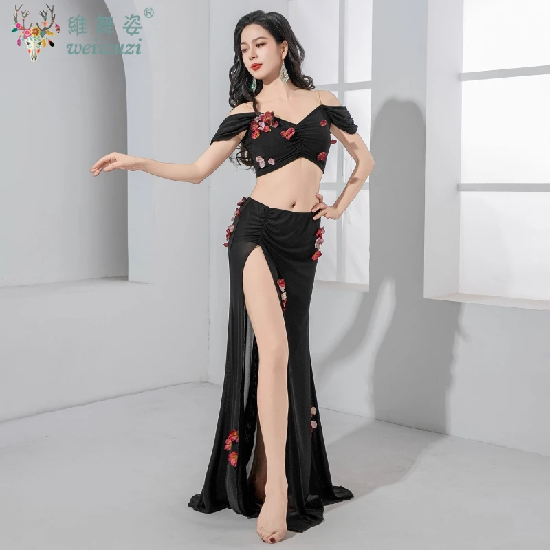 Abiti per la pratica della danza del ventre Fiori squisiti Abito dimagrante sexy Set di rete confortevole e traspirante Abiti per spettacoli di ballerini