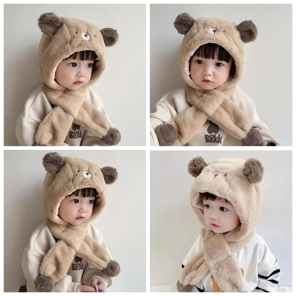 الصلبة اللون الدب أفخم قبعة الكورية نمط القماش الاكسسوارات الأطفال الصوف قبعة الكرتون تصميم الأزياء أفخم قبعة مع وشاح الصبي