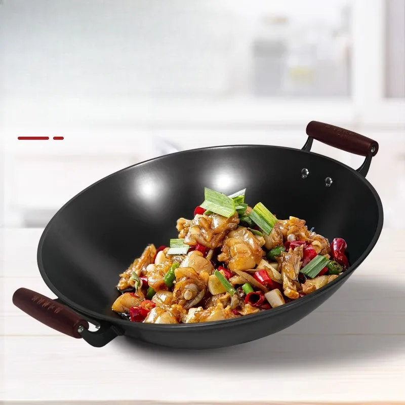 

Old Style Pig Iron Wok with Chemical Iron and Household Uncoated Double Ear Heat-resistant Handle Wok