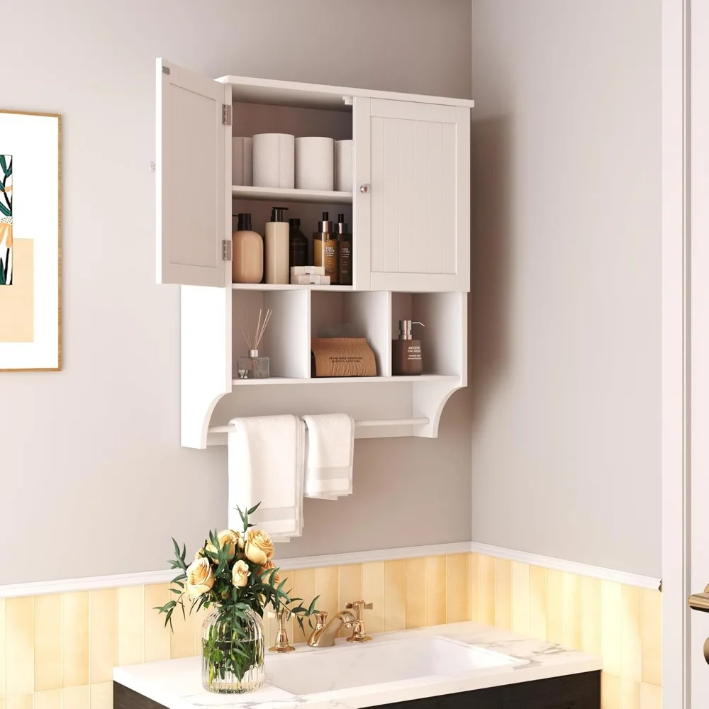 

Bathroom Wall Cabinet Medicine Cabinets Over The Toilet Storage Cabinet with Towels Bar 2 Door Adjustable Shelves Large Space