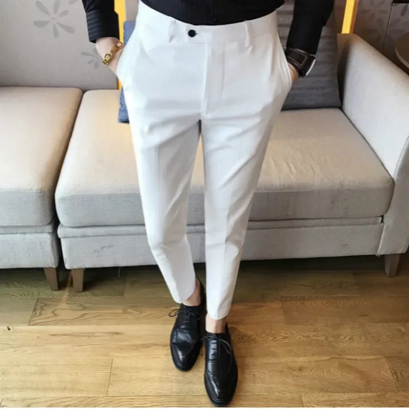 Fashion Boutique Solid Color Business Mens Formal Suit Pants Groom Wedding Dress Pants Slim Male Trousers