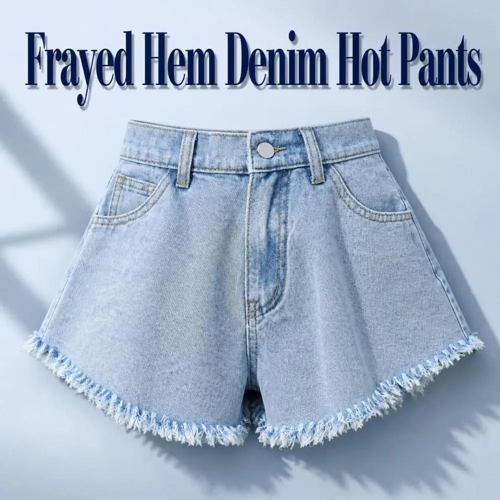 Fashion High Waist Fringe Denim Shorts Loose Fit Flared Frayed Jean Shorts Breathable Solid Color Women Cutoff Shorts Daily Wear