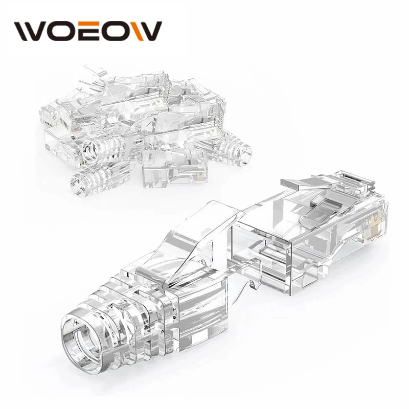 WoeoW RJ45 Cat6 Pass Through Connectors and Strain Relief Boots, EZ to Crimp Modular Plug for Solid or Stranded Network Cable