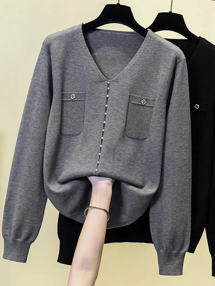 

Fashion Women Long Sleeve Knitted Sweaters Autumn Winter New Solid V-Neck Korean Basic Casual Bottoming Pullovers Tops Y2K