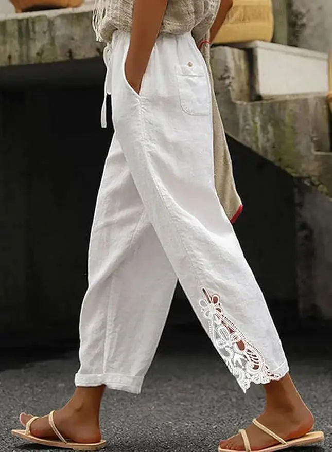 Summer Women's Pants With Fashionable Lace Patchwork Design High Waisted Drawstring Pocket Nail Buckle Cropped Pants