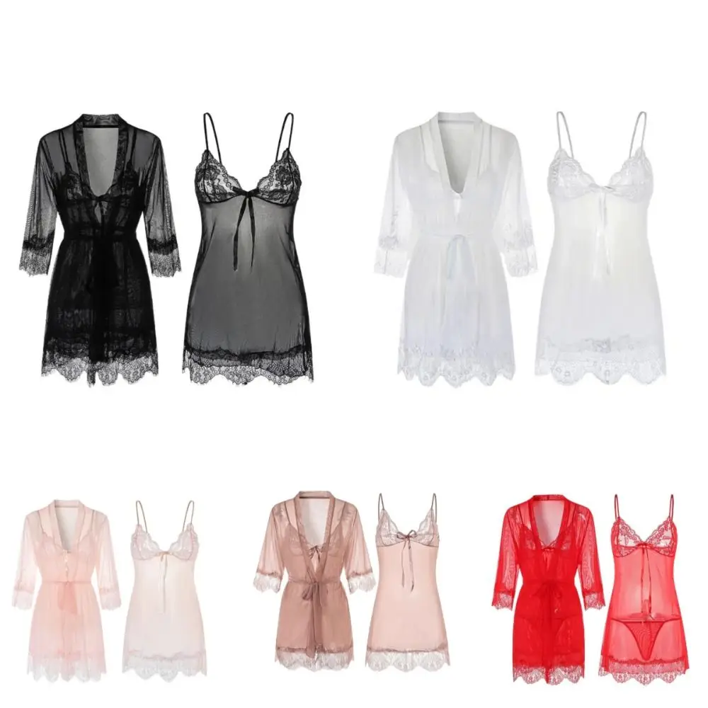透明レースサスペンダー寝間着ディープ V ネックアイスシルクメッシュスリングネグリジェ女性ランジェリー背中の開いたパジャマローブセットホーム