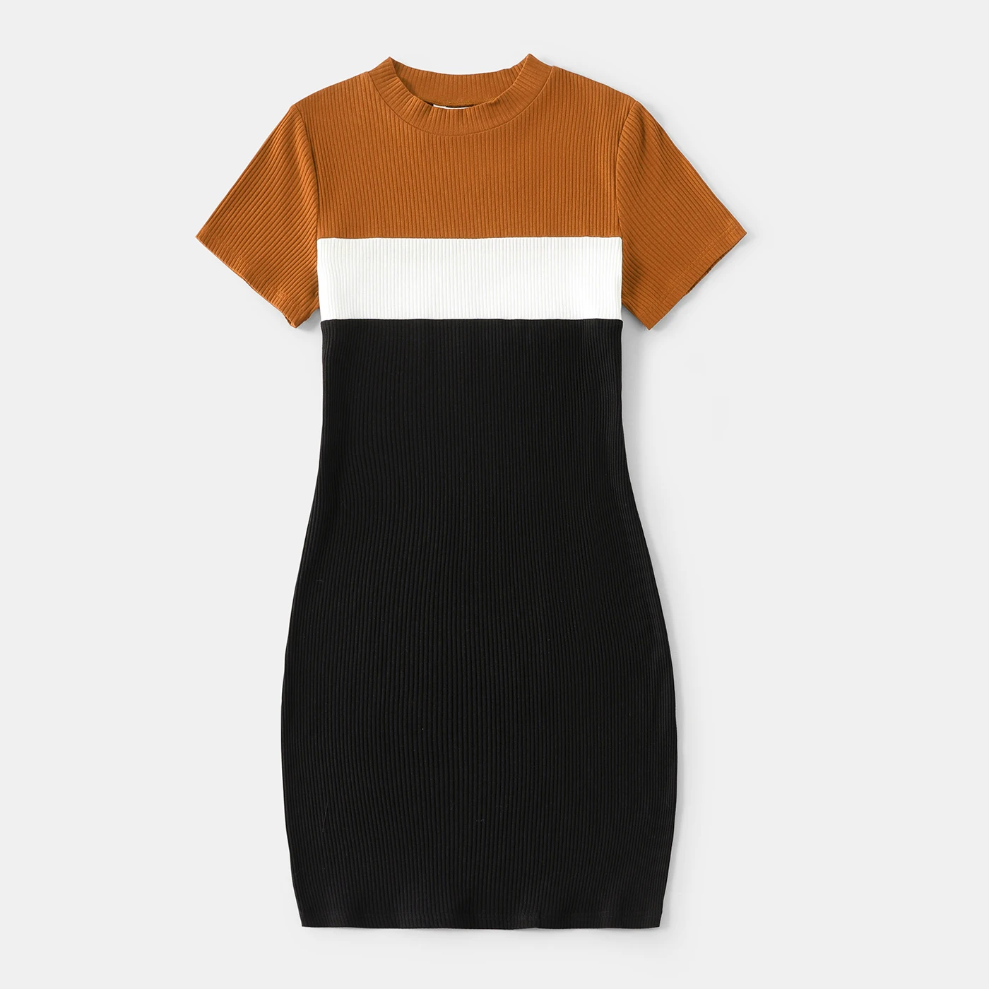 PatPat Familie Passenden Outfits Baumwolle kurzhülse Colorblock Rippe Stricken Mock Neck Bodycon Kleider und Tops Kurz-hülse t Sets