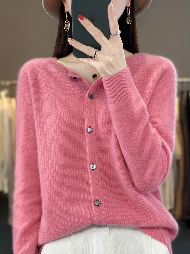 100% Merino Wool Sweater Women Knitted Cashmere Cardigan Basic Knitwear Fashion Spring Autumn Female O-Neck Clothing Tops