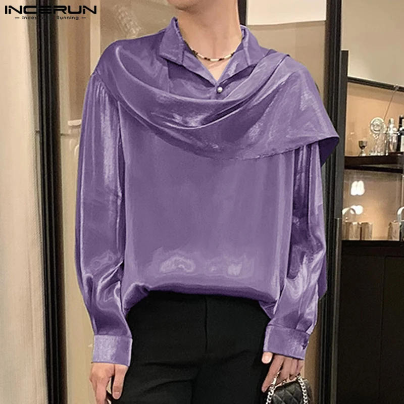 Fashion Well Fitting Tops INCERUN Men\'s Glossy Shoulder Design Shirts Party Shows Male All-match Long Sleeved Blouse S-5XL 2024