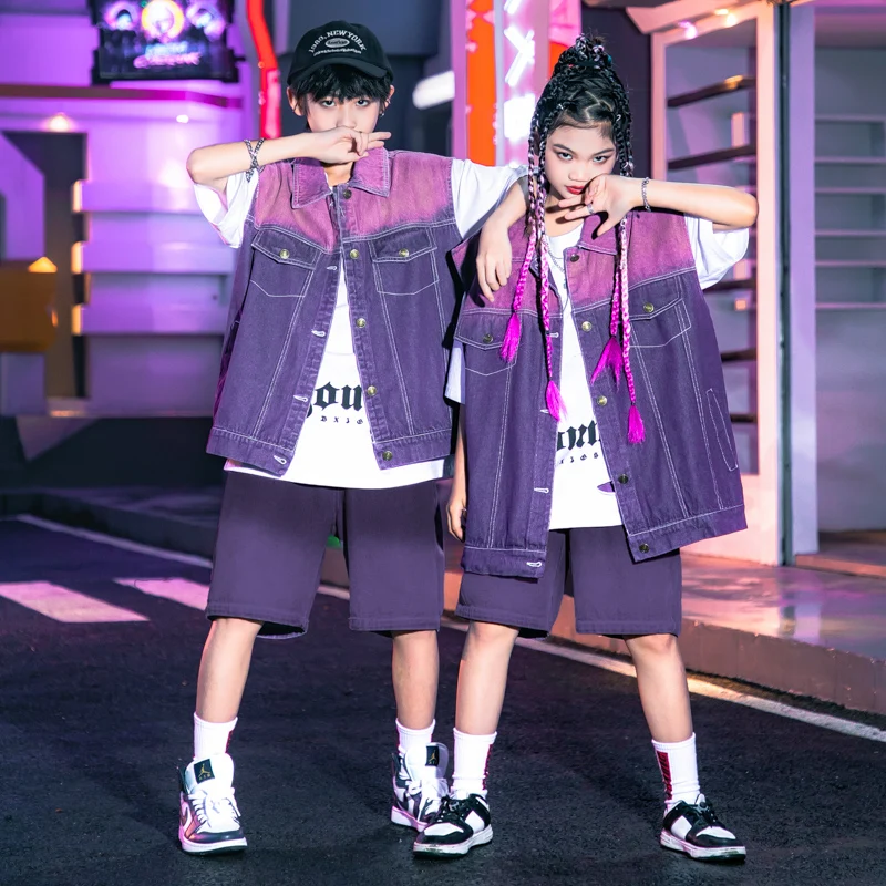 Kid Hip Hop Clothing Purple Tie Dye Denim Jacket Tactical Vest Casual Street Wear Shorts For Girls Boy Dance Costume Clothes