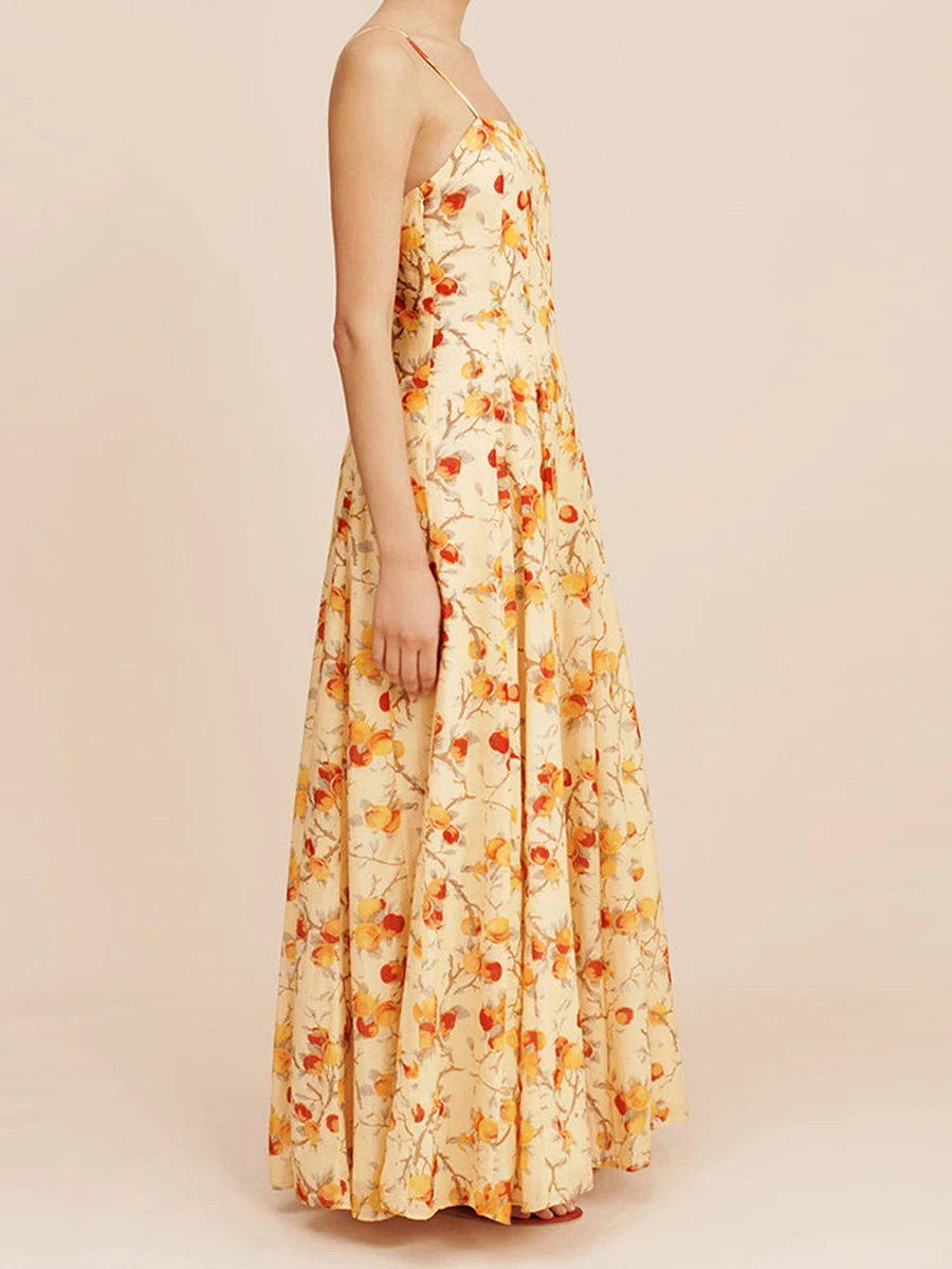 Abito estivo lungo da donna con stampa floreale a pois senza maniche con cinturino per spaghetti