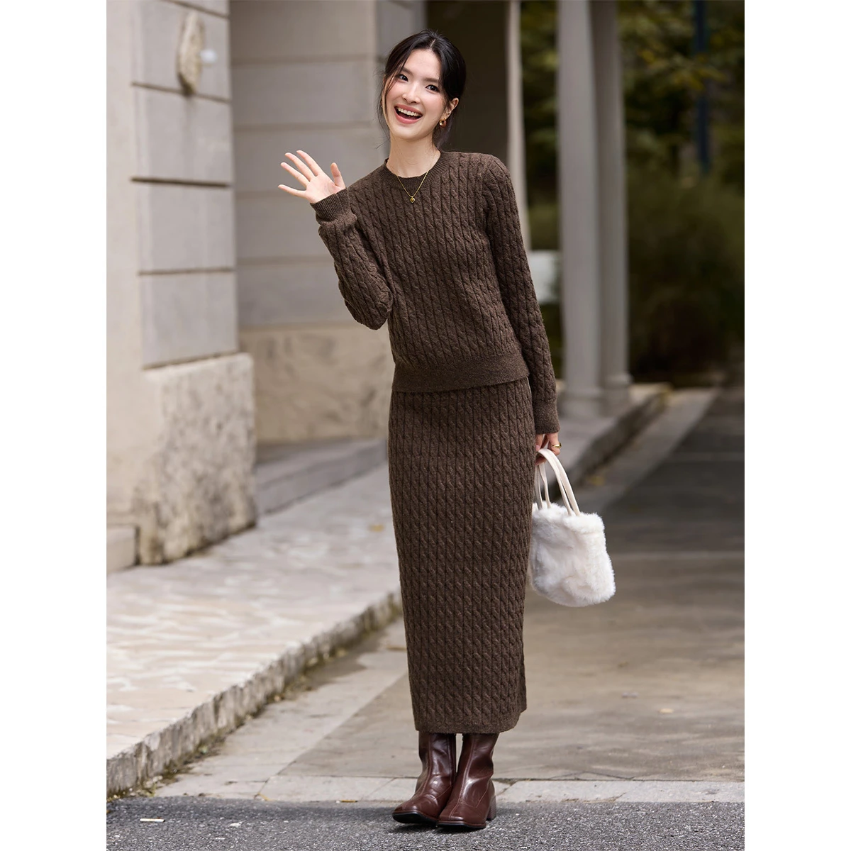 VIMLY Conjunto de falda de dos piezas de punto para mujer, suéter de cuello redondo tejido por Cable, faldas largas, conjunto de falda informal, 2 piezas para mujer 75222