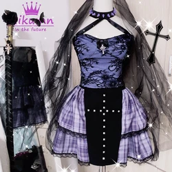 Mikumn Women Purple Plaid Skirts Harajuku Punk Elastic High Waist Pleated Skirt Chic Design Kawaii Lace Gothic Lolita Mini Skirt