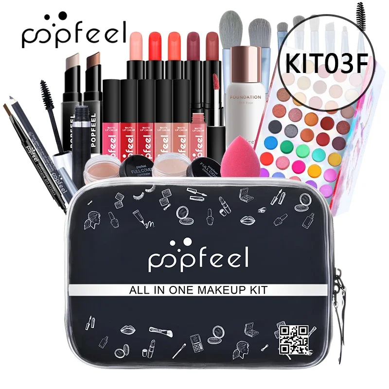 POPFEEL All In One Makeup Kit Cosmetics Set Eyeshadow Palette Concealer Foundation Makeup Brush Eyebrow Pencil Lipgloss Kit