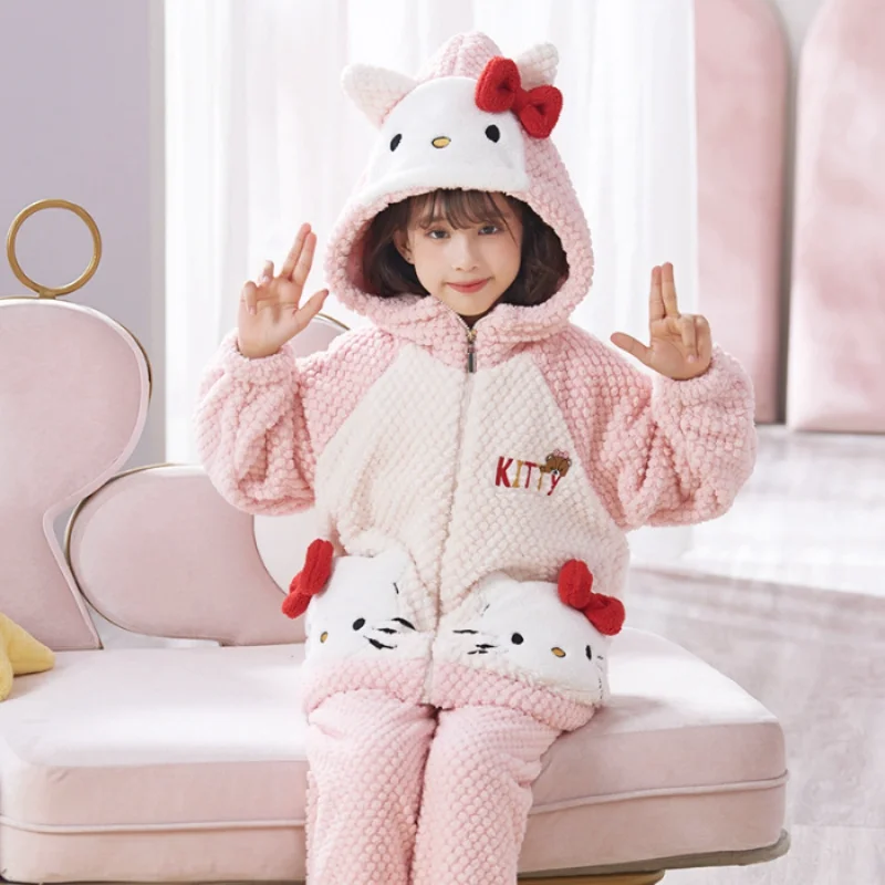 Sanrio pajamas winter hooded pullover Hello Kitty children's pajamas cartoon thermal Sanrio loungewear Hello Kitty pajamas