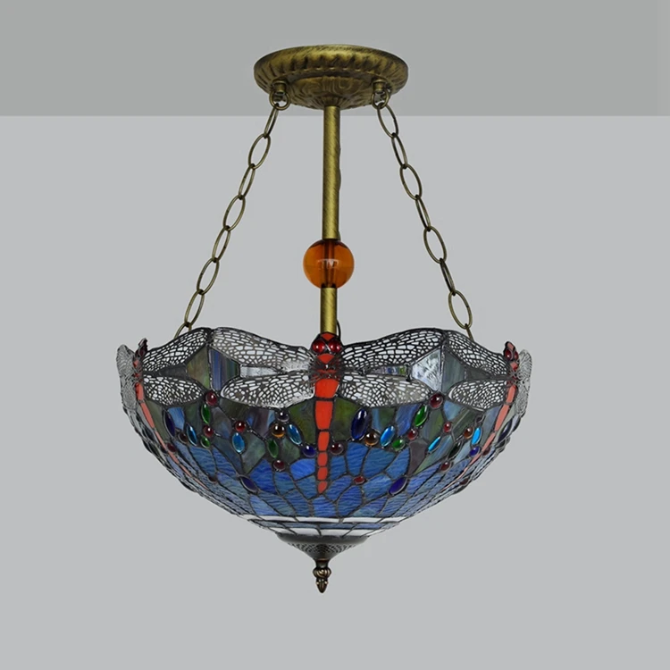 Imagem -05 - Tiffany Teto Luminária Vitral Libélula Semi Flush Mount Lamp Ampla Lâmpada de Montagem Amarelo e Azul 16 em