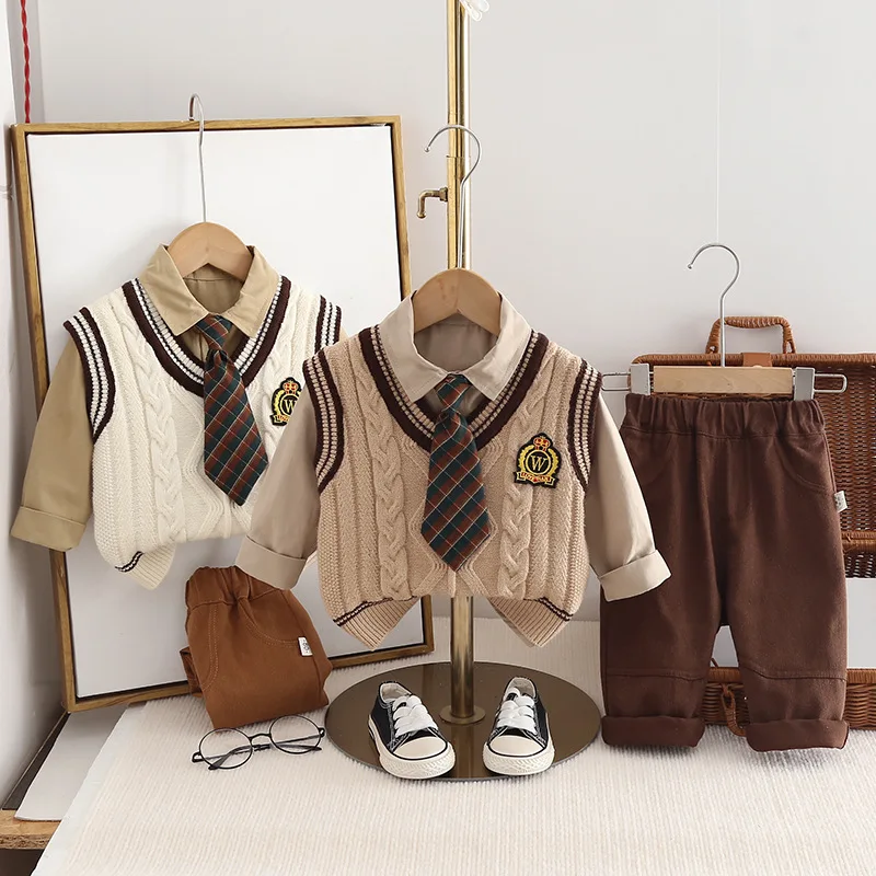 Autumn Preppy Style Kid Boys 3PCS Clothes Set Cotton Tie Collar Shirts Knitted Sticker Vest Solid Pants Suit Toddler Boys Outfit