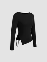 Women Boat Neck Long Sleeve Top, Slim Fit Asymmetric Hem T‑Shirt, Side Tie Cutout Solid Black Casual Basic Tee For Daily Wear 4