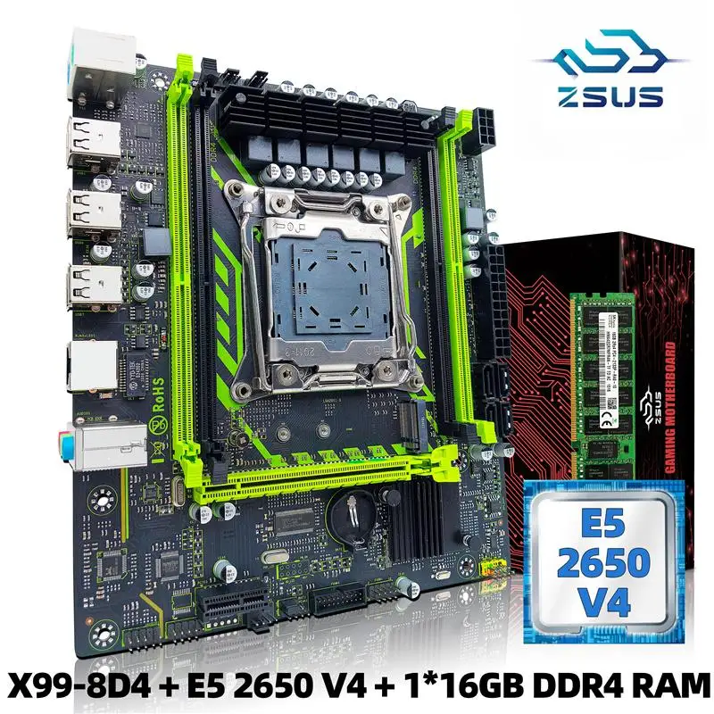 New ZSUS X99-8D4 Motherboard Set Kit With LGA2011-3 Xeon E5 2650 V4 CPU DDR4 16GB (1*16GB) 2133MHZ RAM Memory NVME M.2 SATA