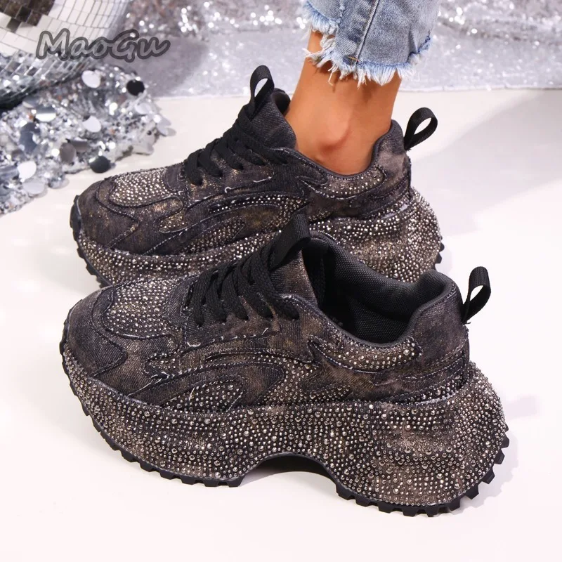 Rhinestone Sneakers Detail View - Denim Texture and Rhinestone Accent Close-Up