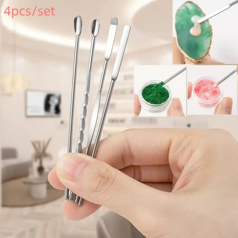 4PCS Nail Art Stirring Rod Tool Stainless Steel Powder Liquid Gel Polish Spoon Spatula Foundation Mixing Tool