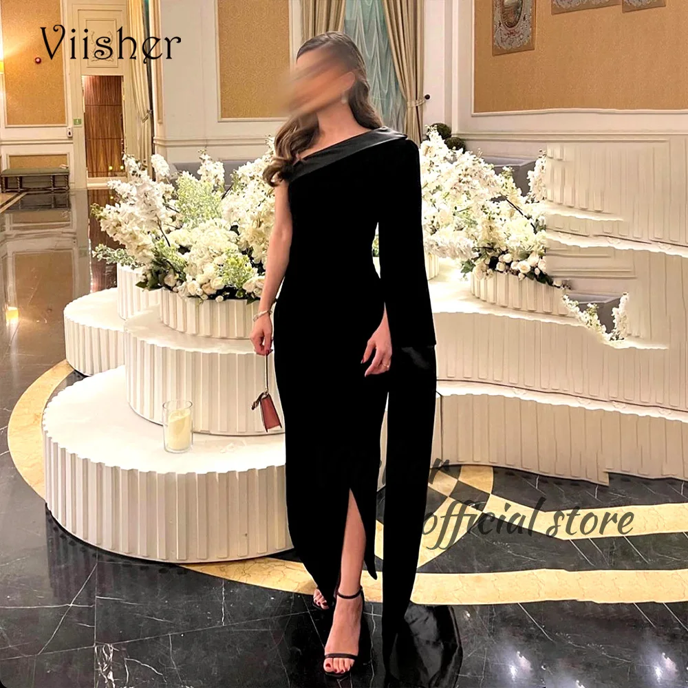 Viisher gaun malam putri duyung hitam gaun Prom Formal panjang ketat satu bahu dengan belahan gaun pesta malam Arab Dubai