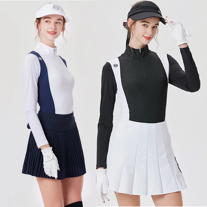 

Blktee Summer Women Sunscreen Ice Silk Shirt Long-sleeved Golf T-shirts Zipper Collar Top Golf Pleated Skirt Anti-exposure Skort