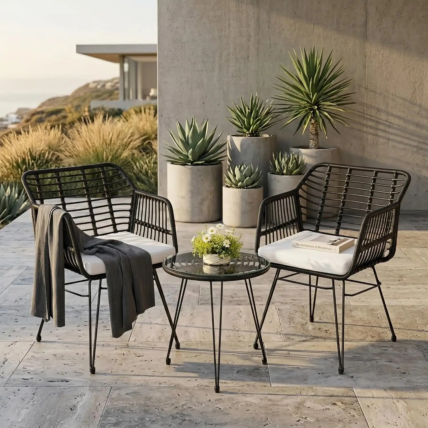 3-Piece Patio Furniture Set, Wicker Bistro Set, Black/White, Customized