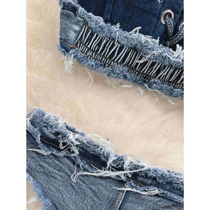 OIINAA Bathing Suit Women Sexy Denim Suits Bikini Set Lace Up Drawstring Beachwear 2025 Solid Summer Vintage Two-pieces Swimwear - Image 6