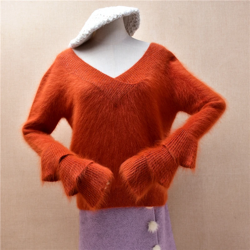 Women Mujer Autumn Winter Clothing Hairy Angora Rabbit Hair Knitted V-Neck Long Sleeves Slim Blouses Pullover Sweater Jumper Top