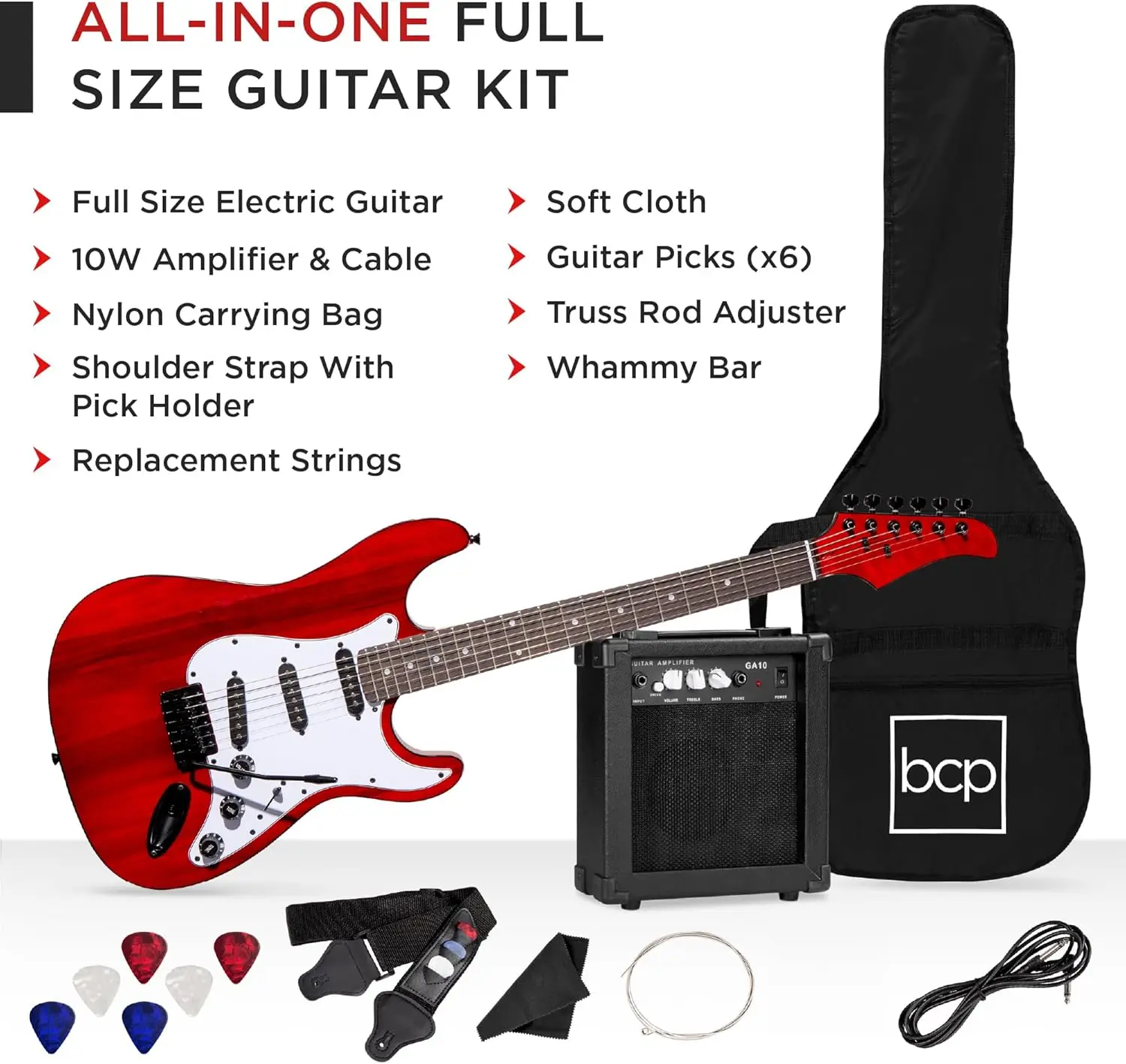 39in Full Size Beginner Electric Guitar Starter Kit w/Case, Strap, 10W Amp, Strings, Pick, Tremolo Bar