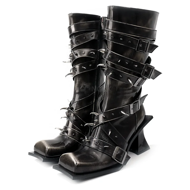 

Metal Rivet Buckle Belt Motorcyle Boots Sexy Square Toe Strange Style Zipper Leather New Arrivals Fashion Women Boots