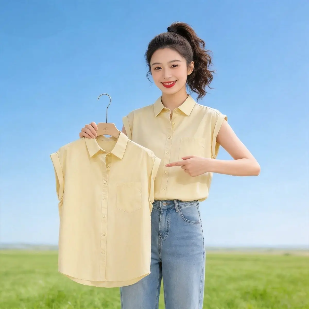

Light Blue Short Sleeve Shirt Women's Design Sensation Summer New Style Elegant Personality Small Shirt Casual Loose Fit Poly...