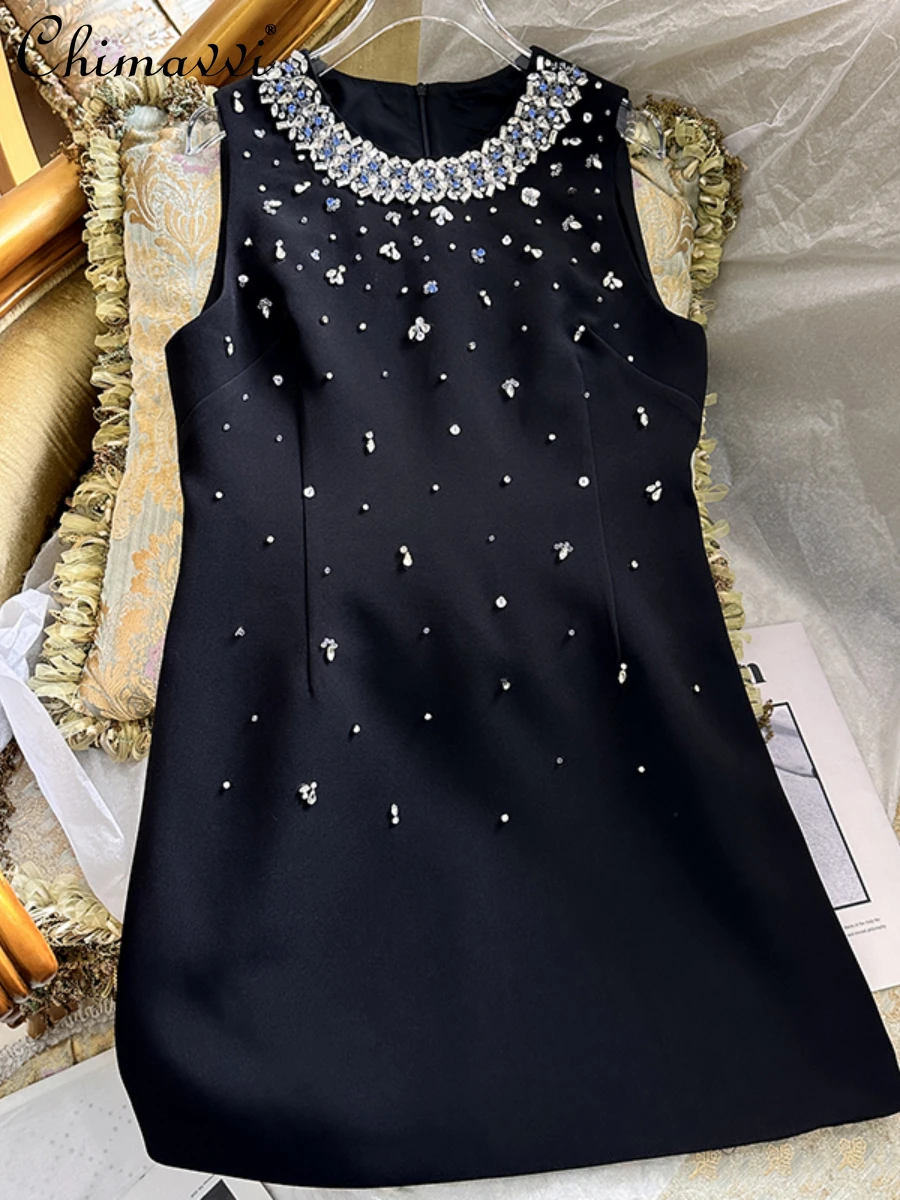 

Summer 2024 New Heavy Rhinestone Above Knee Dress French Fashion Sleeveless Slim-fit Elegant Party Short Women's Black Dress