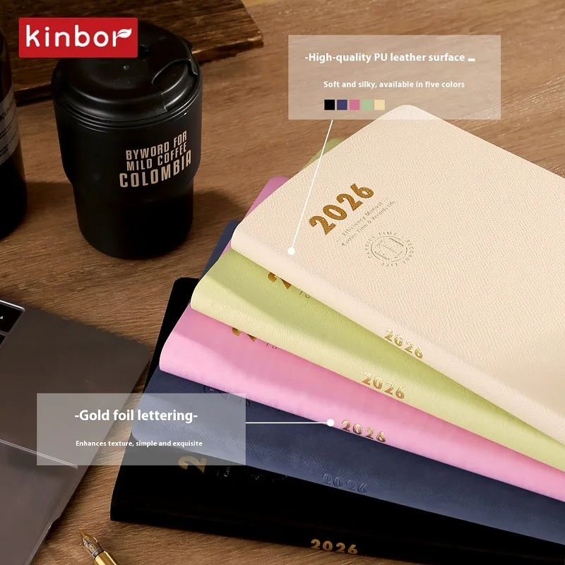 Kinbor 2025 Timeline A5 Planner Notebook Soft PU Two Page A Week 52g BaChuan Paper Time Management Efficiency Notepads Work Book
