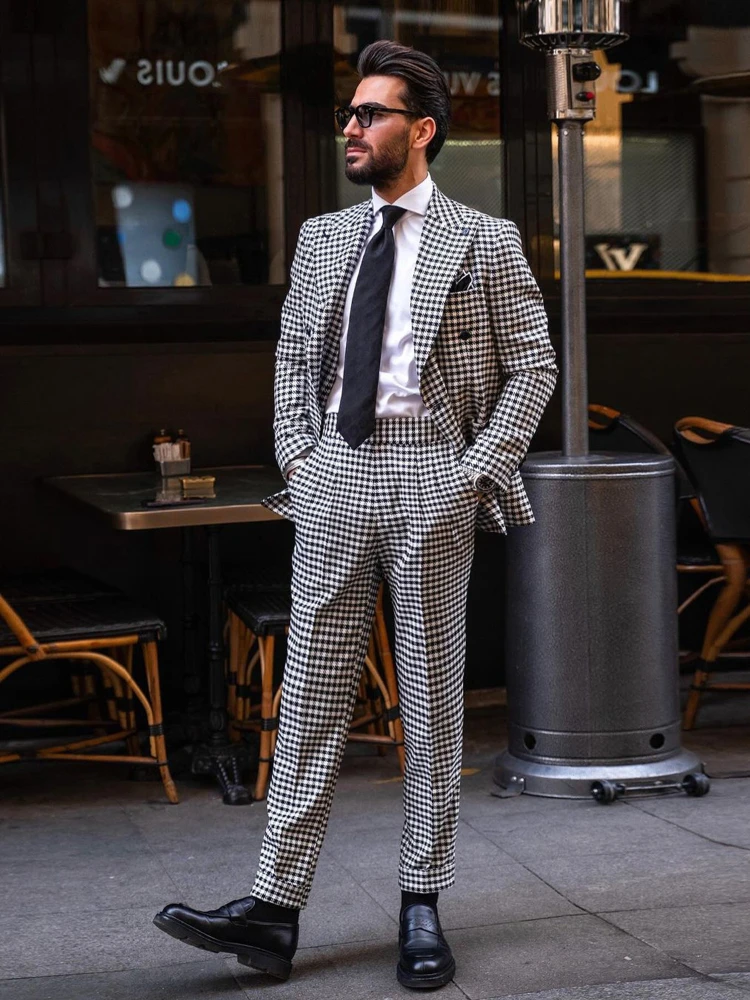 Houndstooth Men Suits for Wedding 2024 Plaid Slim Fit Groom Tuxedo Double Breasted Bridegroom Suit 2 Pcs (Jacket + Pants)