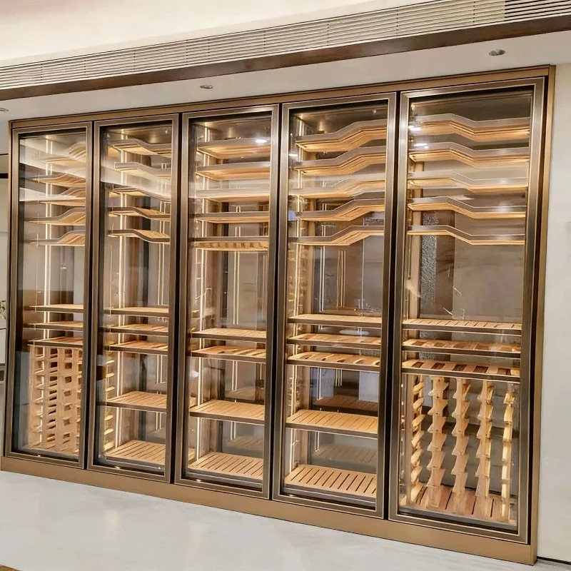 Airo Gold Stainless Steel & Wood Wine Cellar Cabinet Wave-Shape Shelf Custom Electronic Temperature Control Wine Beverage