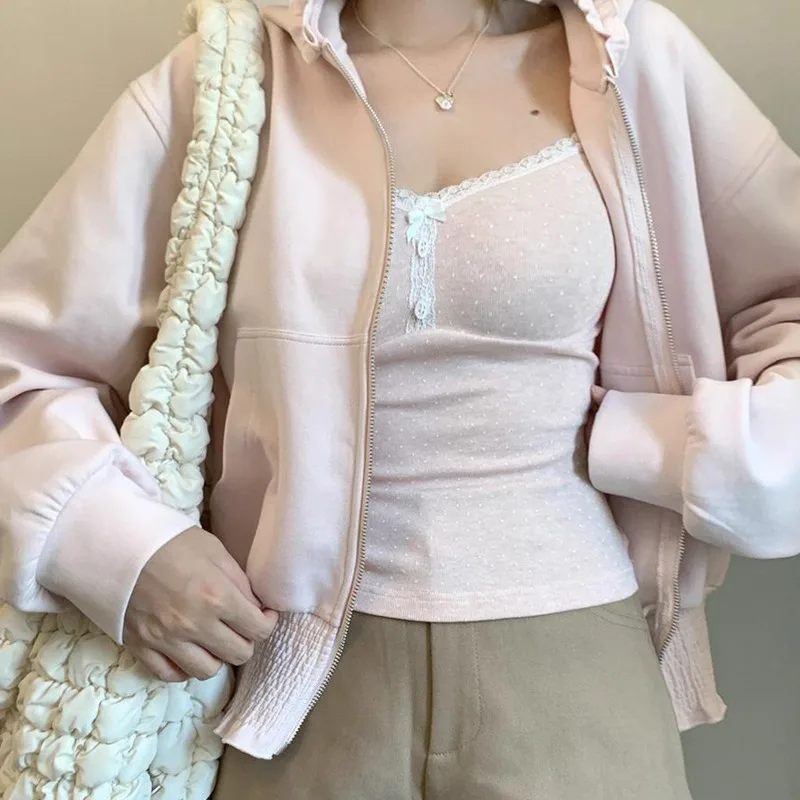 Lace Y2K Pink Hoodie Sweet Women Ruffle Hooded Sweatshirt Korean Fashion Loose Top Spring Autumn Casual Streetwear Jacket New