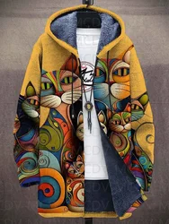 Cat Abstract Art Unisex Plush Thick Long-Sleeved Print Sweater Cardigan Coat Warm Jacket