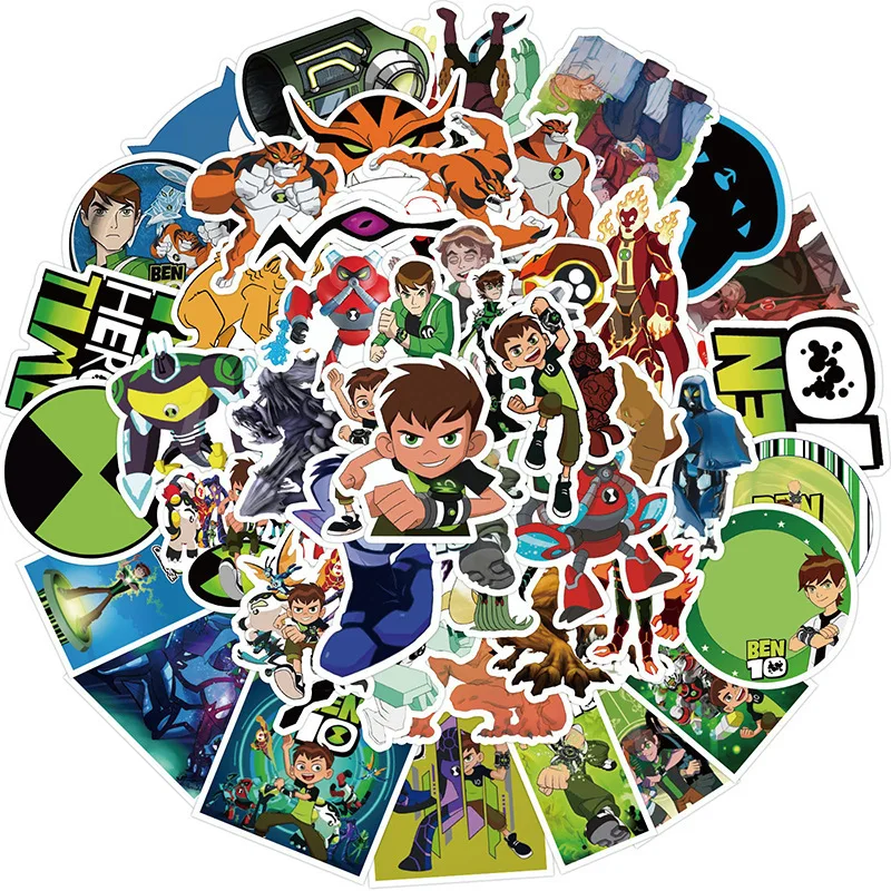 50pcs/set Ben 10 Cartoon 3D Stickers Toys Anime Figures Ben Wildmutt Four Arms Grey Matter XLR8 Upgrade Waterproof Stickers Toys