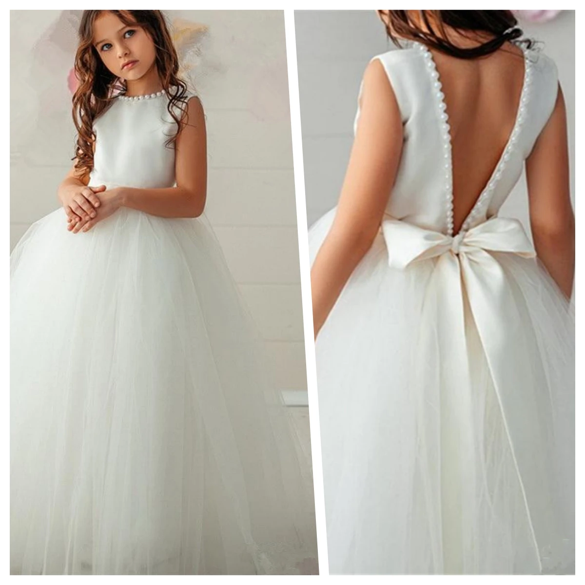 Customized Backless Pearls Bow Flower Girl Dress Trailer Puffy Wedding Party Gowns For Girl First Communion Dresses Eucharist Gi