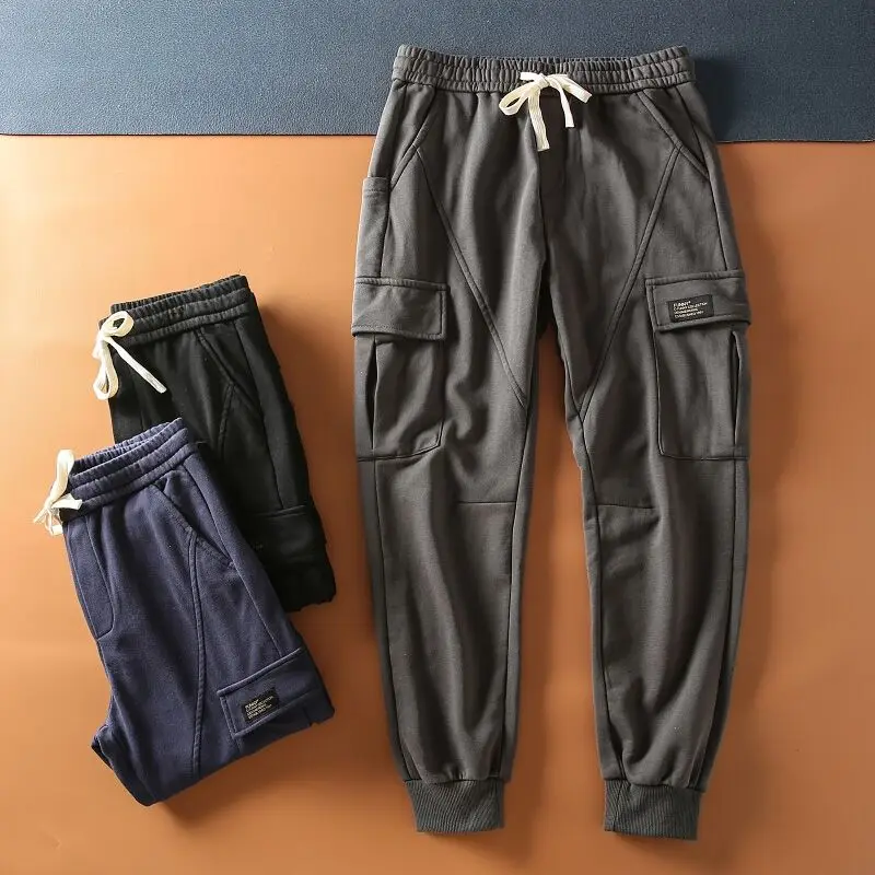 

Spring Autumn Men's Casual Work Pants Multiple kets Loose Pure Color Small Foot Sports Pants for Doing Work And Leisure