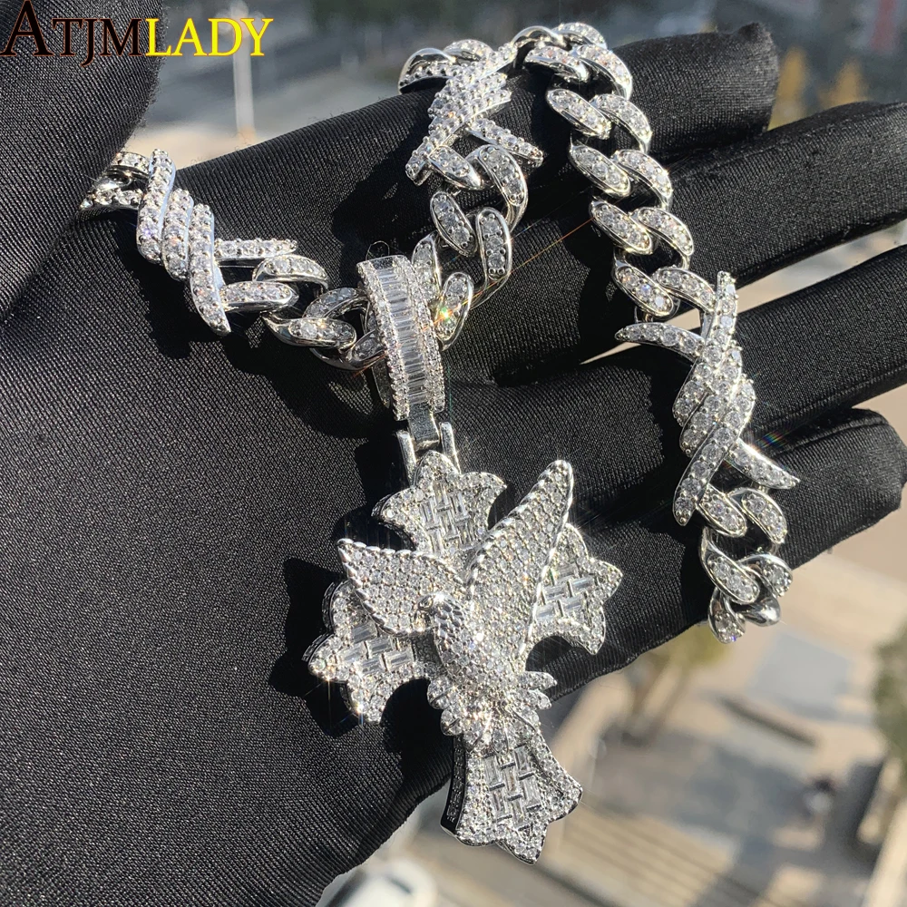 Iced Out Cross Necklace for Men  12MM Barbed Wire Cuban Chain Cubic Zirconia Bling Cz Paved Peace Dove Pendant Hip Hop Jewelry