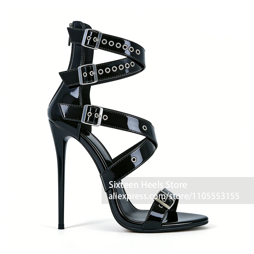 

16cm Metallic Circle Cross Strap Sandals Sexy Punk Style Summer Shoes Round Open Toe High Heels Back Zipper Belt Buckle Sandals