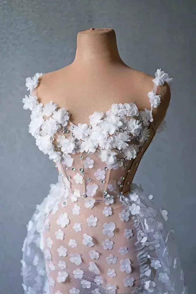 Mesh See Through Flowers Backless Prom Hotwife Outfit Women Sexy Elegant Party Dress Wedding Celebrate Evening Gown