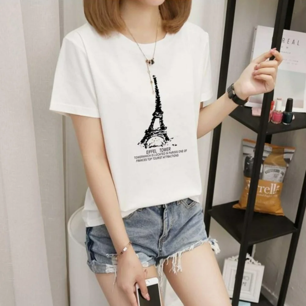 Women Short Sleeve Ladies Top Half Sleeve All Fashion Loose Round Neck T Women's Clothing Summer Printed Pure Cotton T-shirt