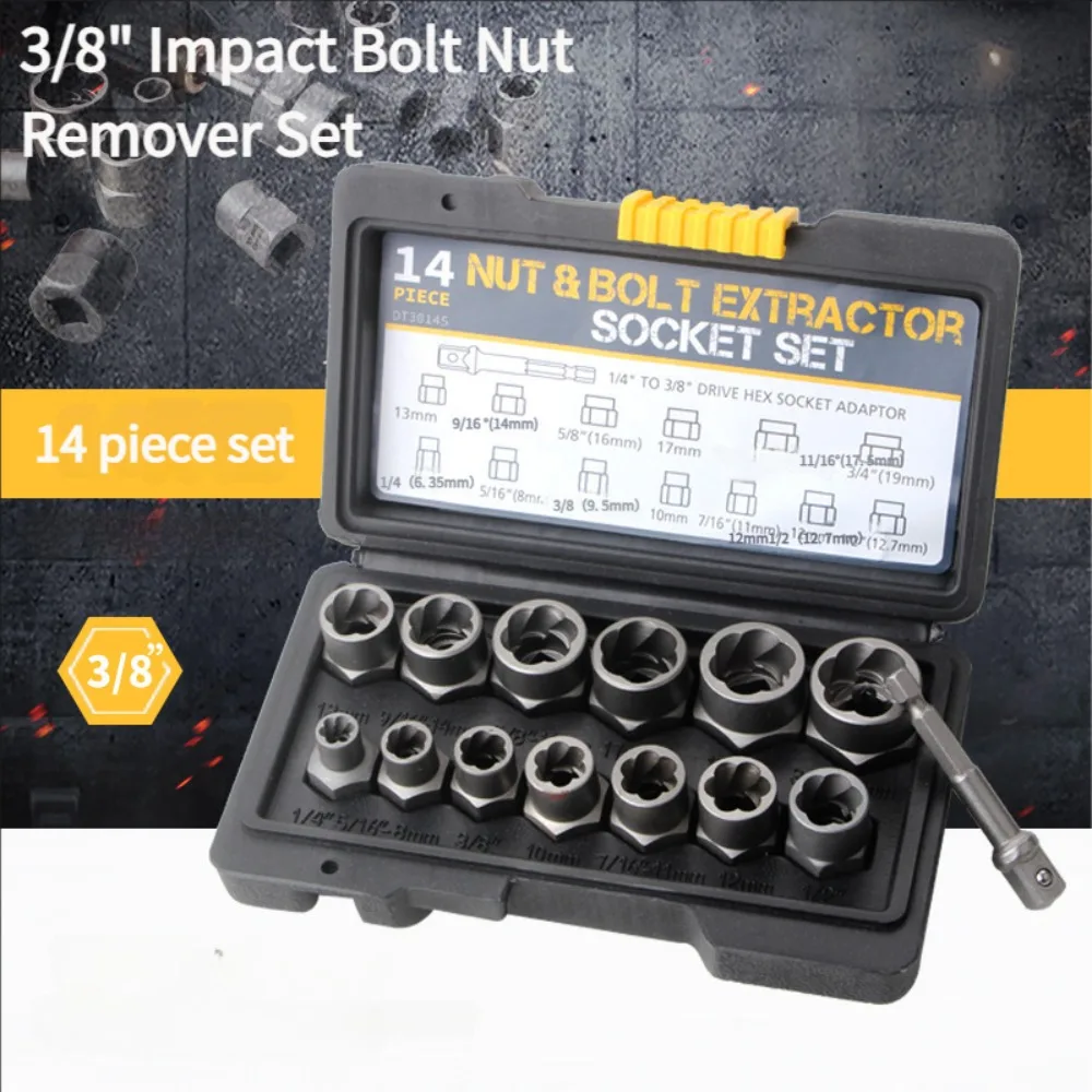 14 Pcs Impact Bolt & Nut Remover Set Cr-Mo Steel Bolt Extractor Tool Damaged Screw Nut Removal Tool Set Mechanical Tool
