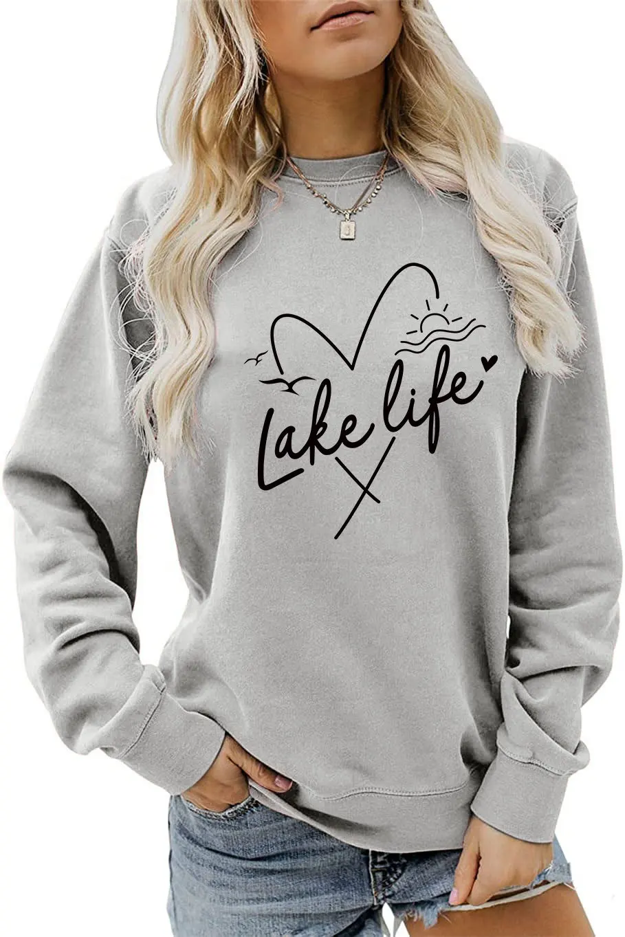 Autumn crew-neck casual T-shirt hoodie LAKE LIFE print new loose long-sleeved top all match women's fashion pullover