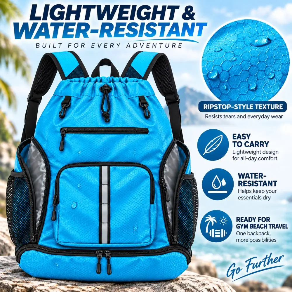 Water Resistant Beach Backpack Wet-Proof Pockets Shoe Compartment Swim Gear Carrier Adjustable Straps Detachable Mesh Bag
